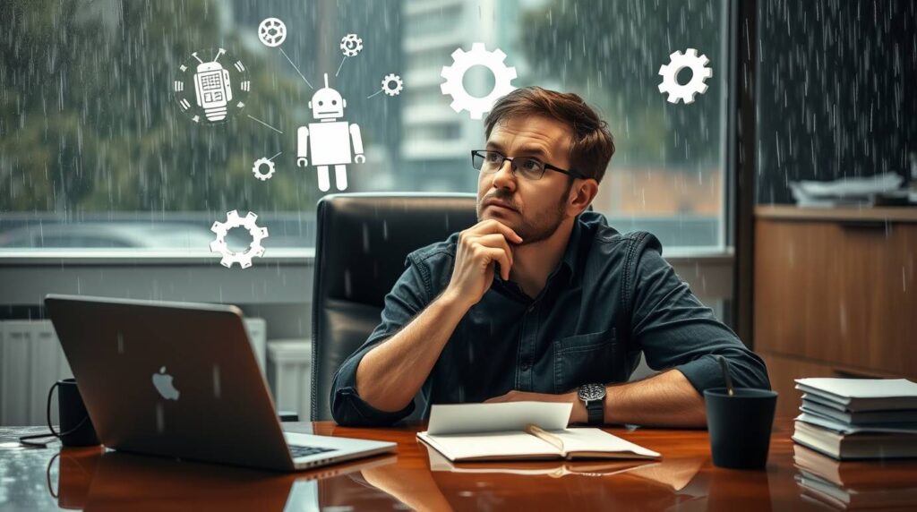 Digital creator contemplating the use of AI tools for content creation, illustrating opportunity and challeng