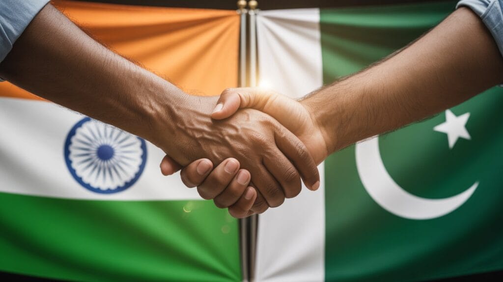 Symbolic handshake between diverse hands with the flags of India and Pakistan in the background, signifying agreement.